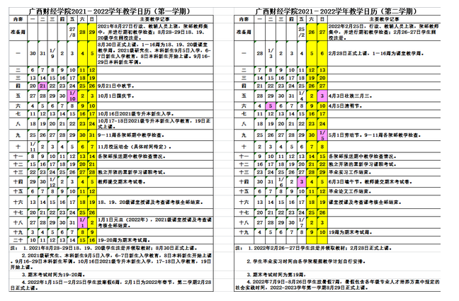 广西财经学院寒假放假时间安排校历及什么时候开学时间规定